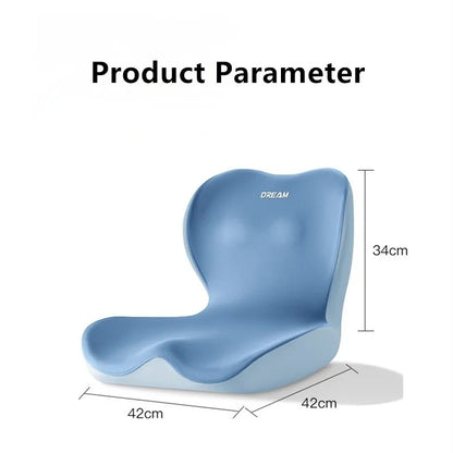 Blue L Shape Memory Foam Orthopedic Seat Cushion in a neutral-color setting, highlighting its ergonomic design