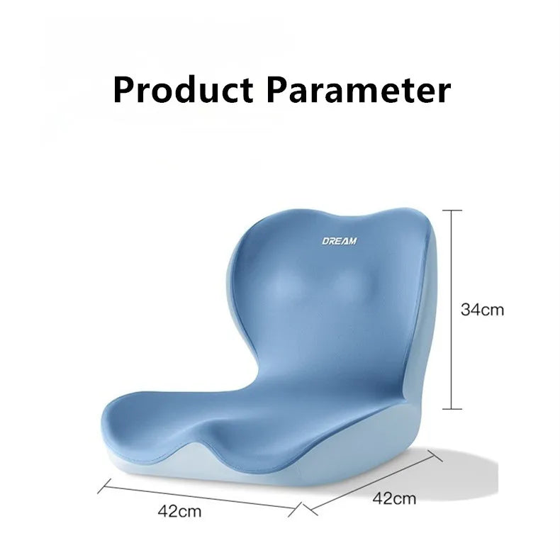 Blue L Shape Memory Foam Orthopedic Seat Cushion in a neutral-color setting, highlighting its ergonomic design